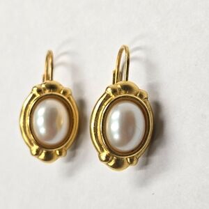 Gold Pearl Oval Drop Earrings - Elegant Women Jewelry